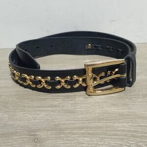 Omega Genuine Bonded Black Leather Belt with Gold X Trim and Buckle Size Medium